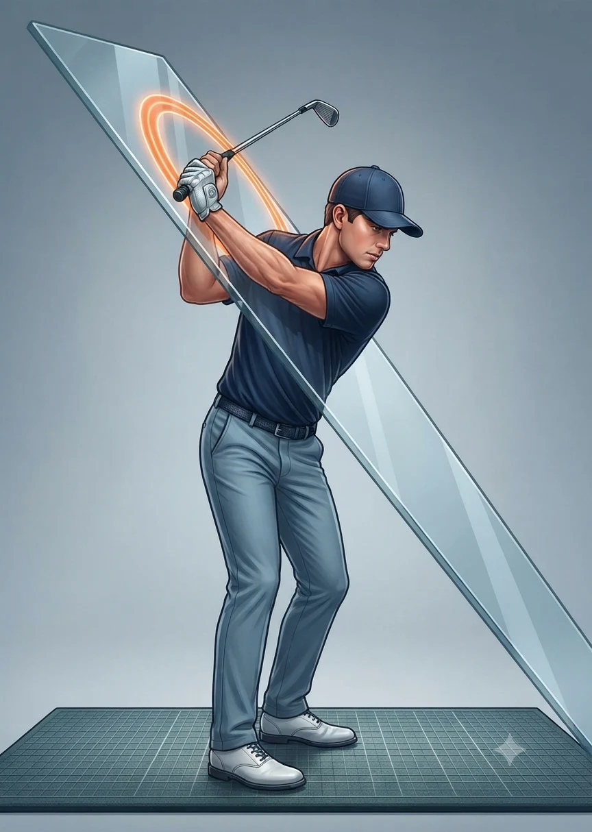 A golfer with the swing plane shown as a tilted pane of glass